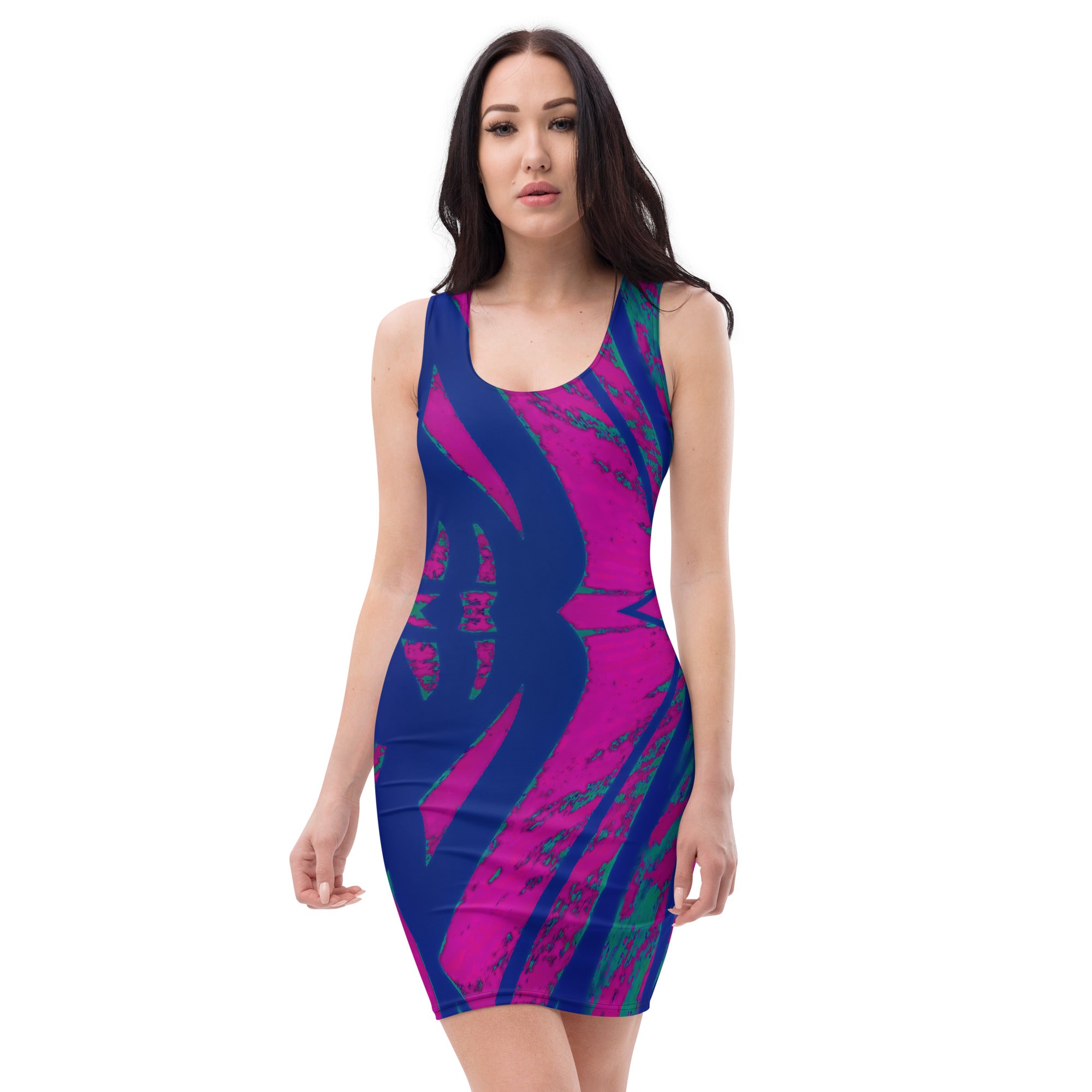 Shadows Blue On Magenta Sleeveless Bodycon Dress Triboca Arts XS