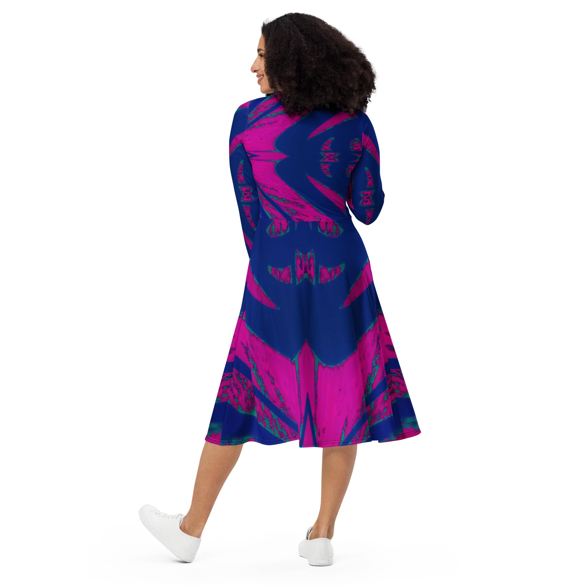 Shadows Blue On Magenta Long-Sleeve Midi Dress Triboca Arts