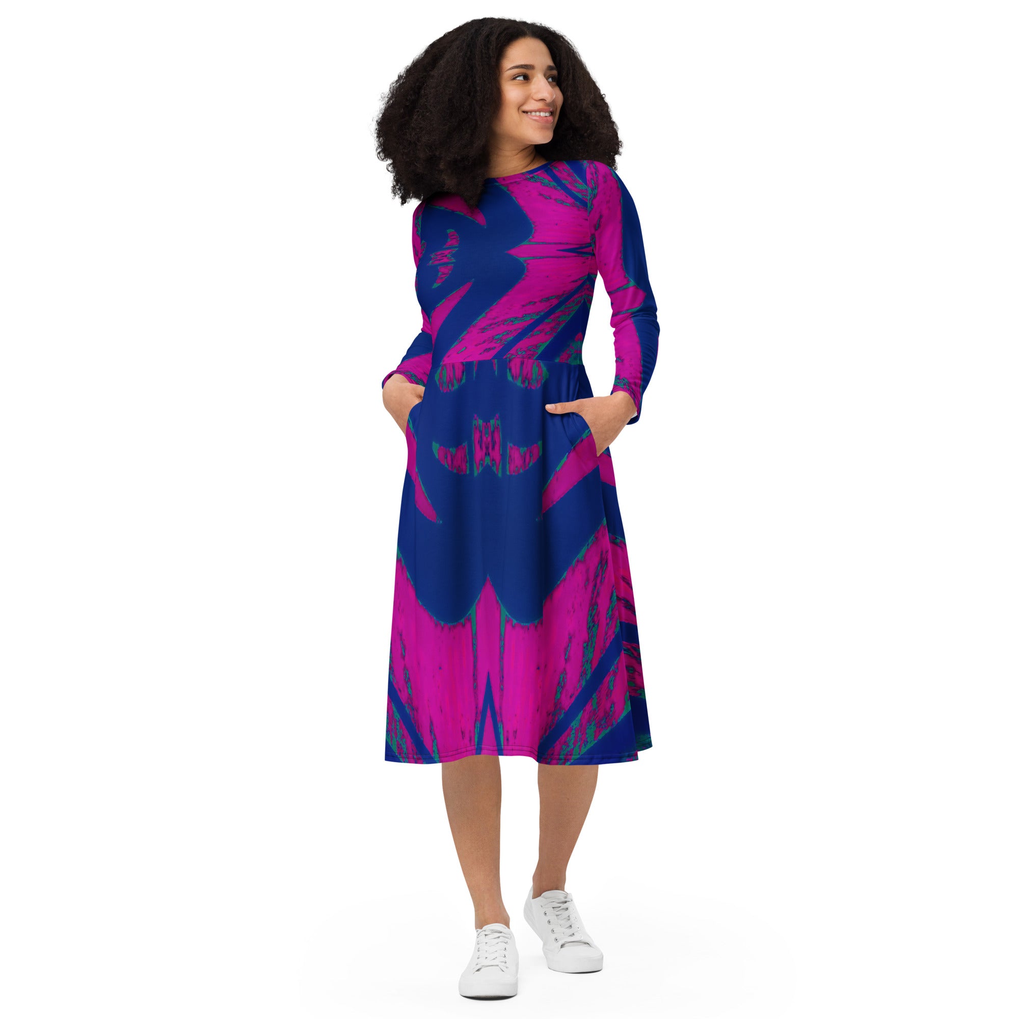 Shadows Blue On Magenta Long-Sleeve Midi Dress Triboca Arts 2XS  