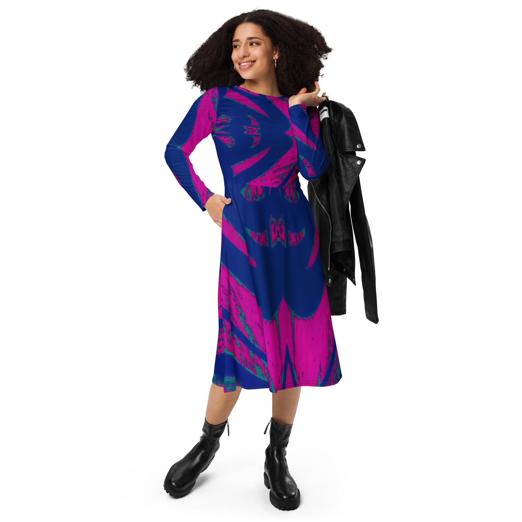 Shadows Blue On Magenta Long-Sleeve Midi Dress Triboca Arts   