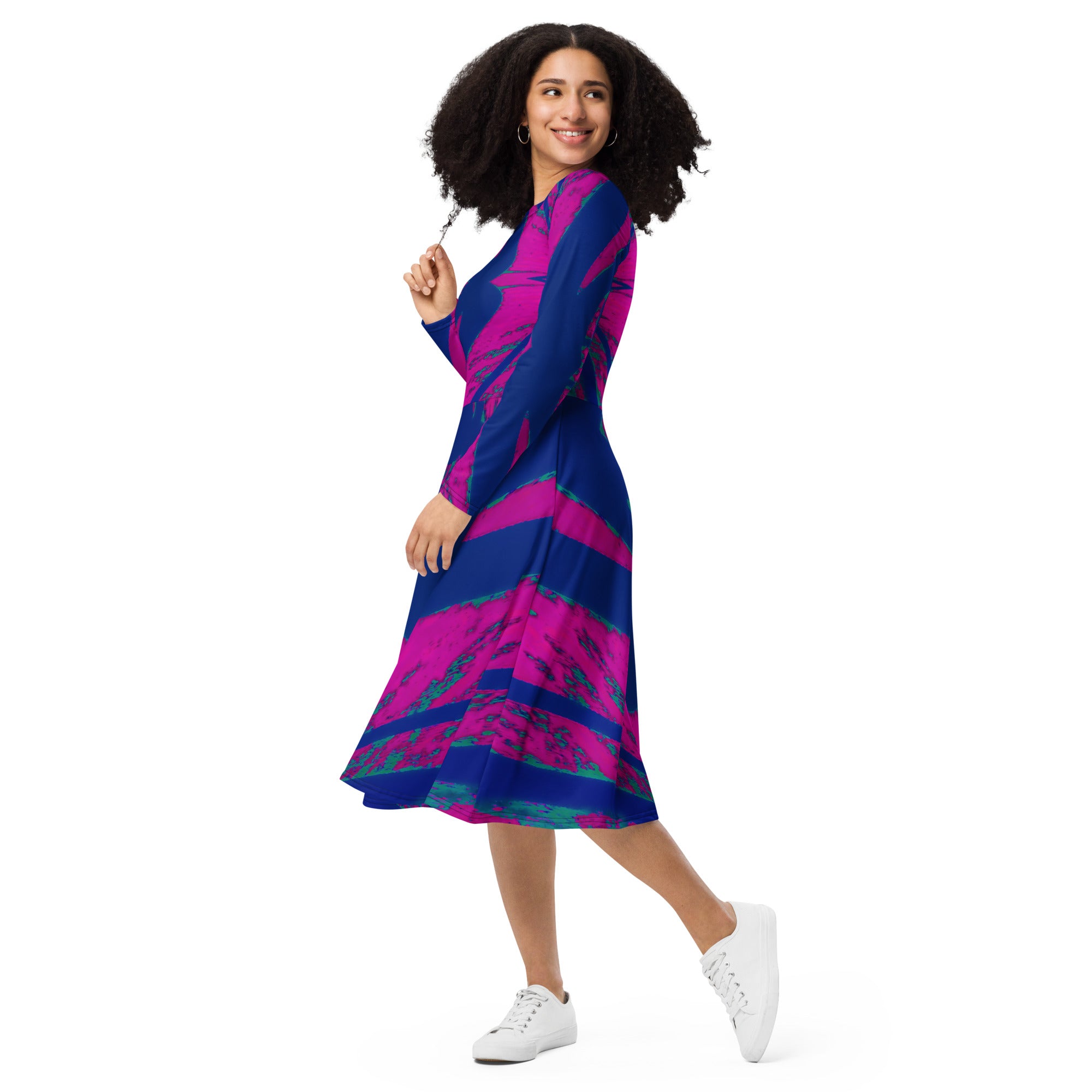 Shadows Blue On Magenta Long-Sleeve Midi Dress Triboca Arts