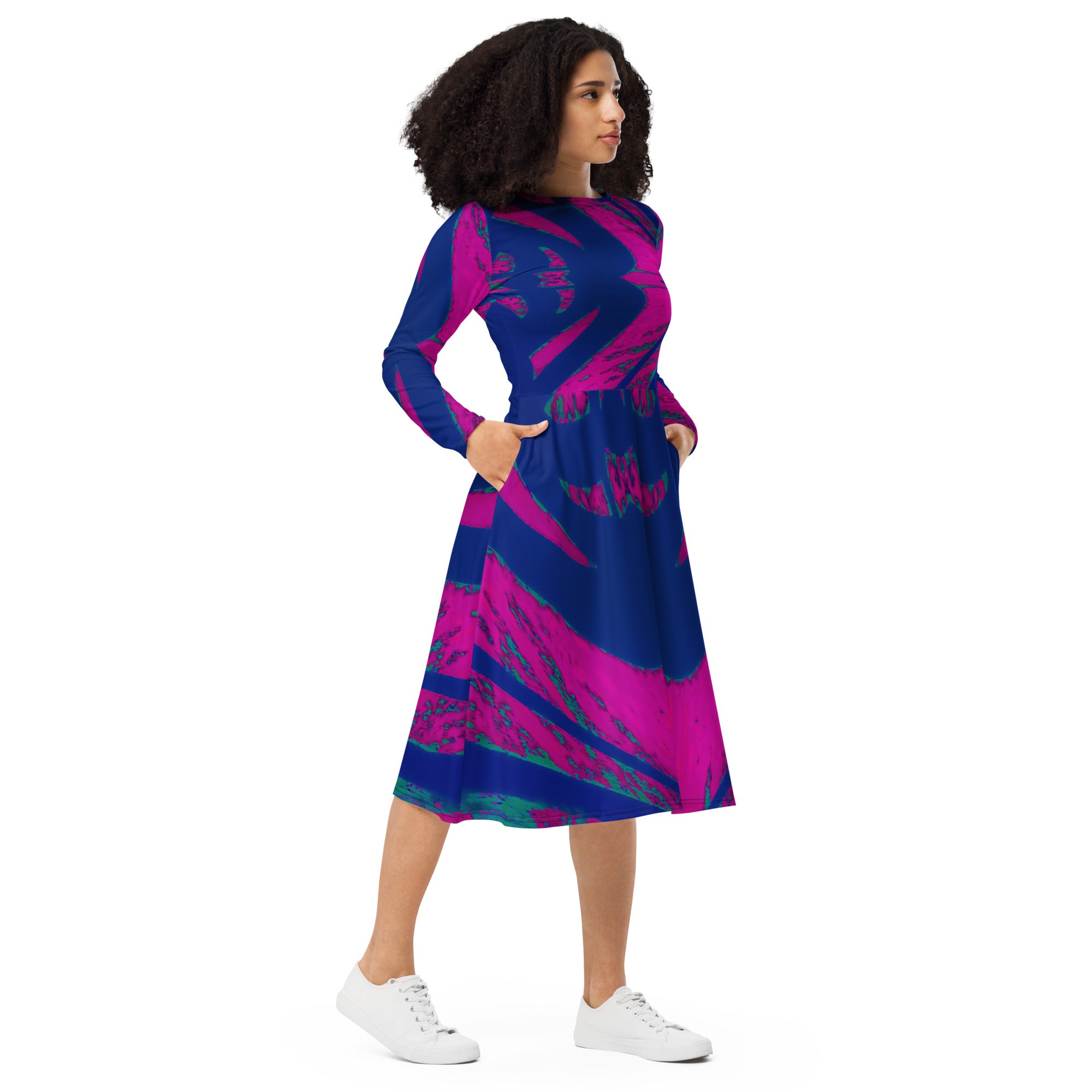 Shadows Blue On Magenta Long-Sleeve Midi Dress Triboca Arts