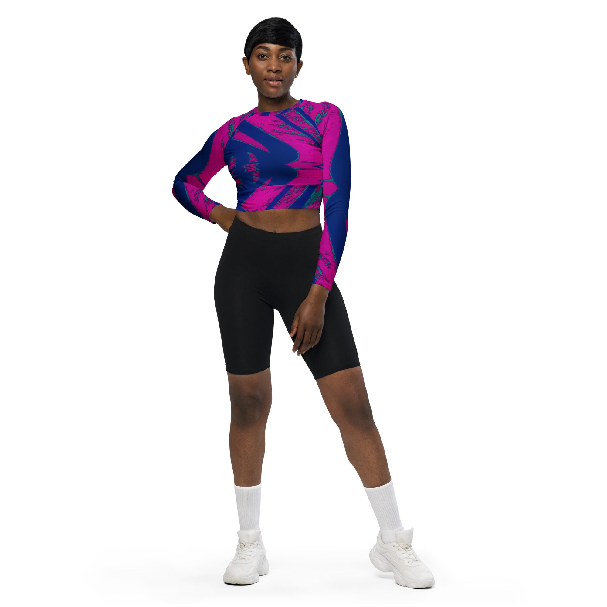 Shadows Blue On Magenta Eco-Friendly Long-Sleeve Crop Top Triboca Arts 2XS