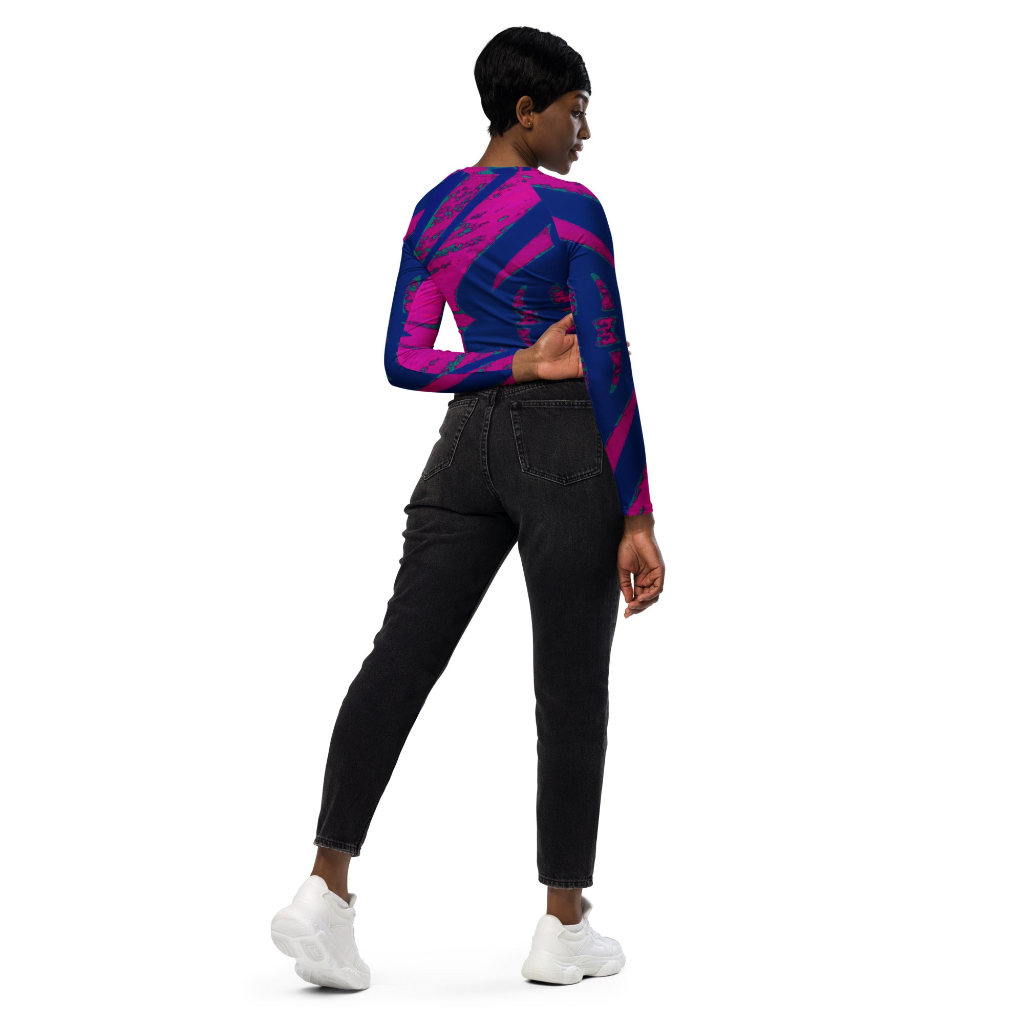 Shadows Blue On Magenta Eco-Friendly Long-Sleeve Crop Top Triboca Arts