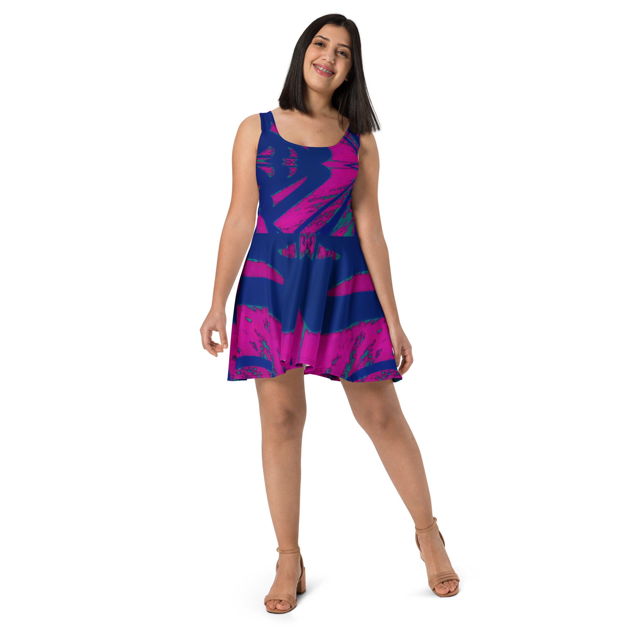 Shadows Blue On Magenta Sleeveless Skater Dress Triboca Arts