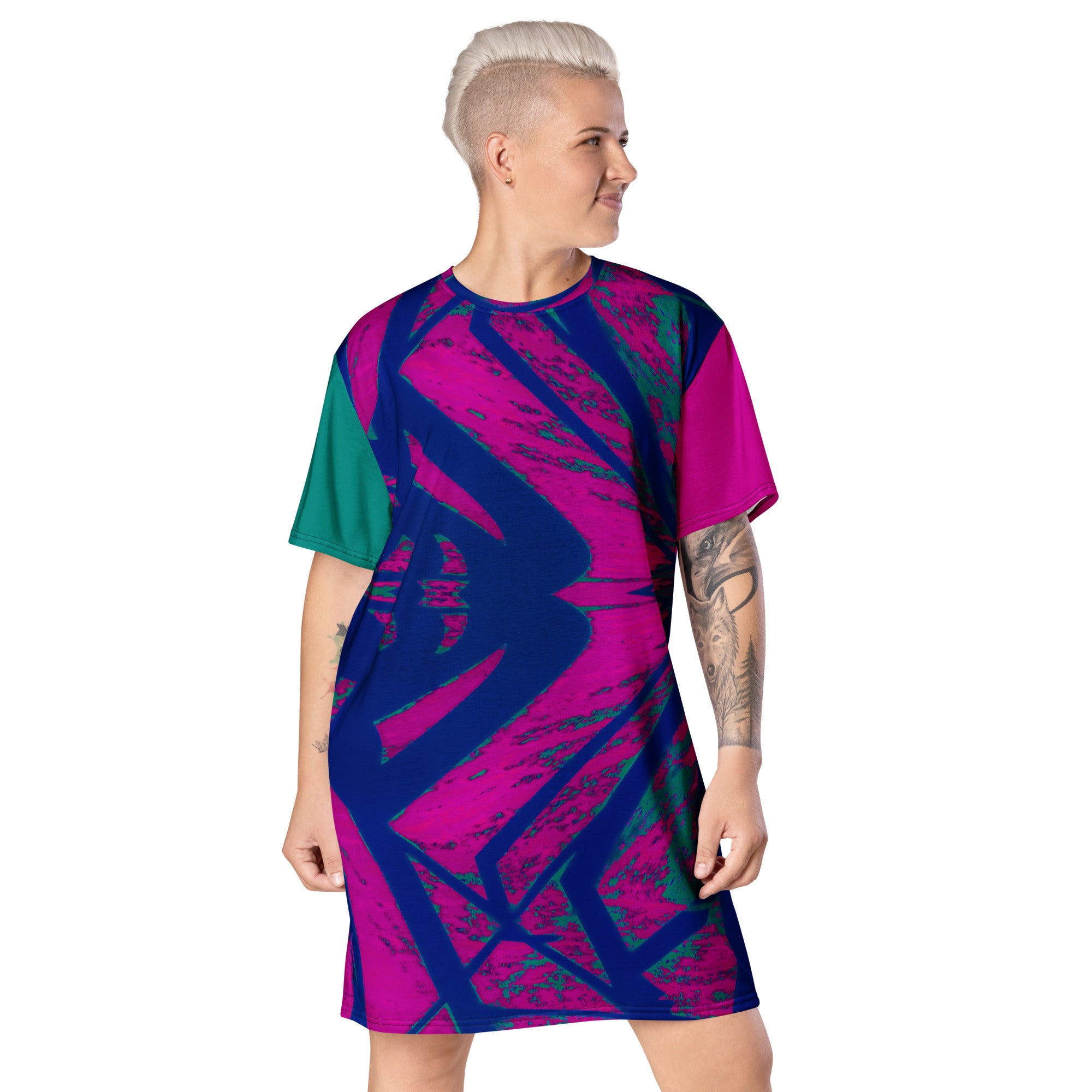 Shadows Blue On Magenta Oversized T-Shirt Dress Triboca Arts 2XS  