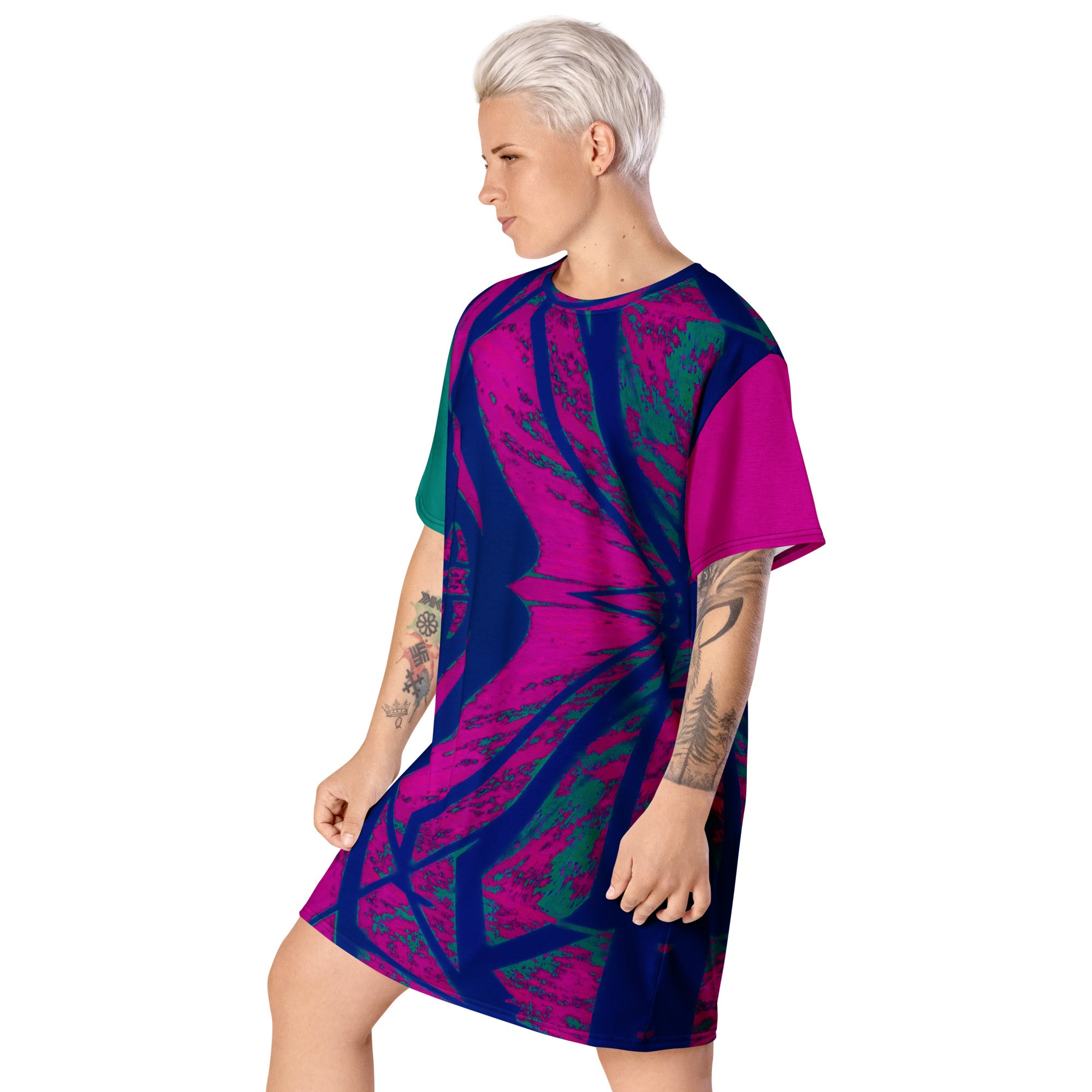 Shadows Blue On Magenta Oversized T-Shirt Dress Triboca Arts