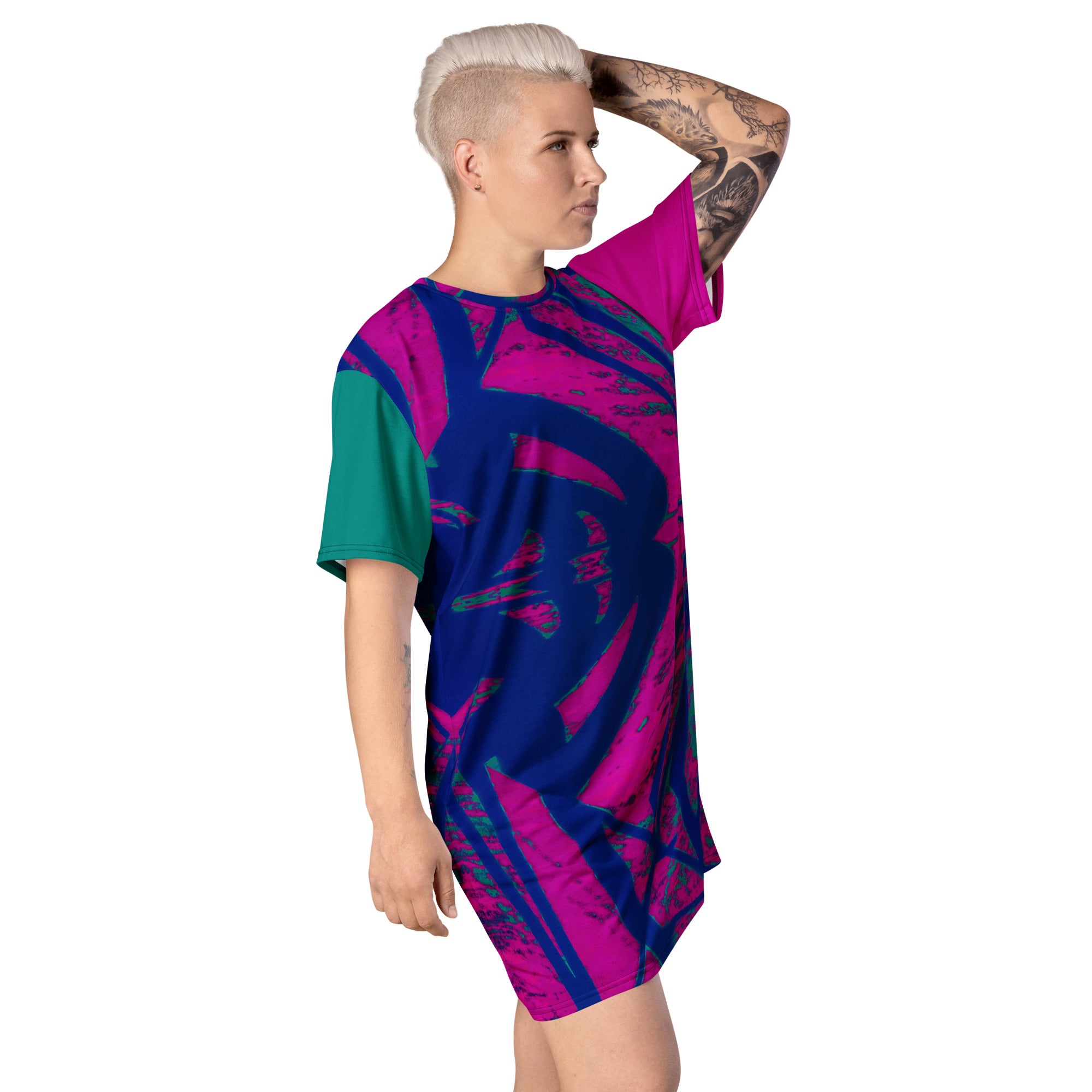 Shadows Blue On Magenta Oversized T-Shirt Dress Triboca Arts
