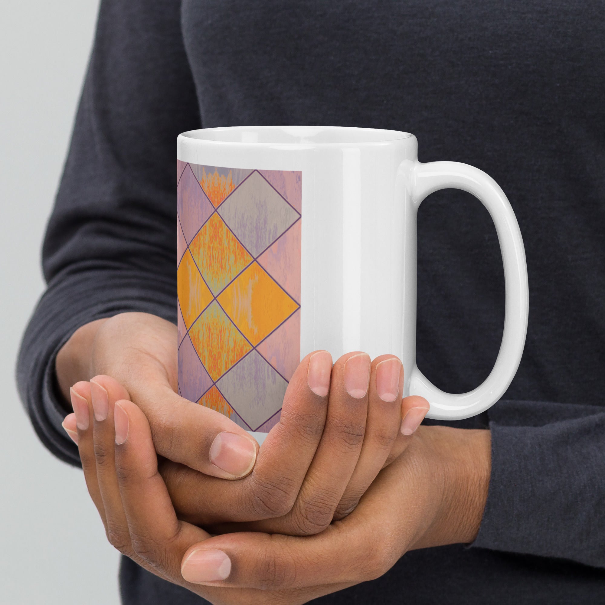 Break Diamonds Warm on White Glossy Mug Triboca Arts