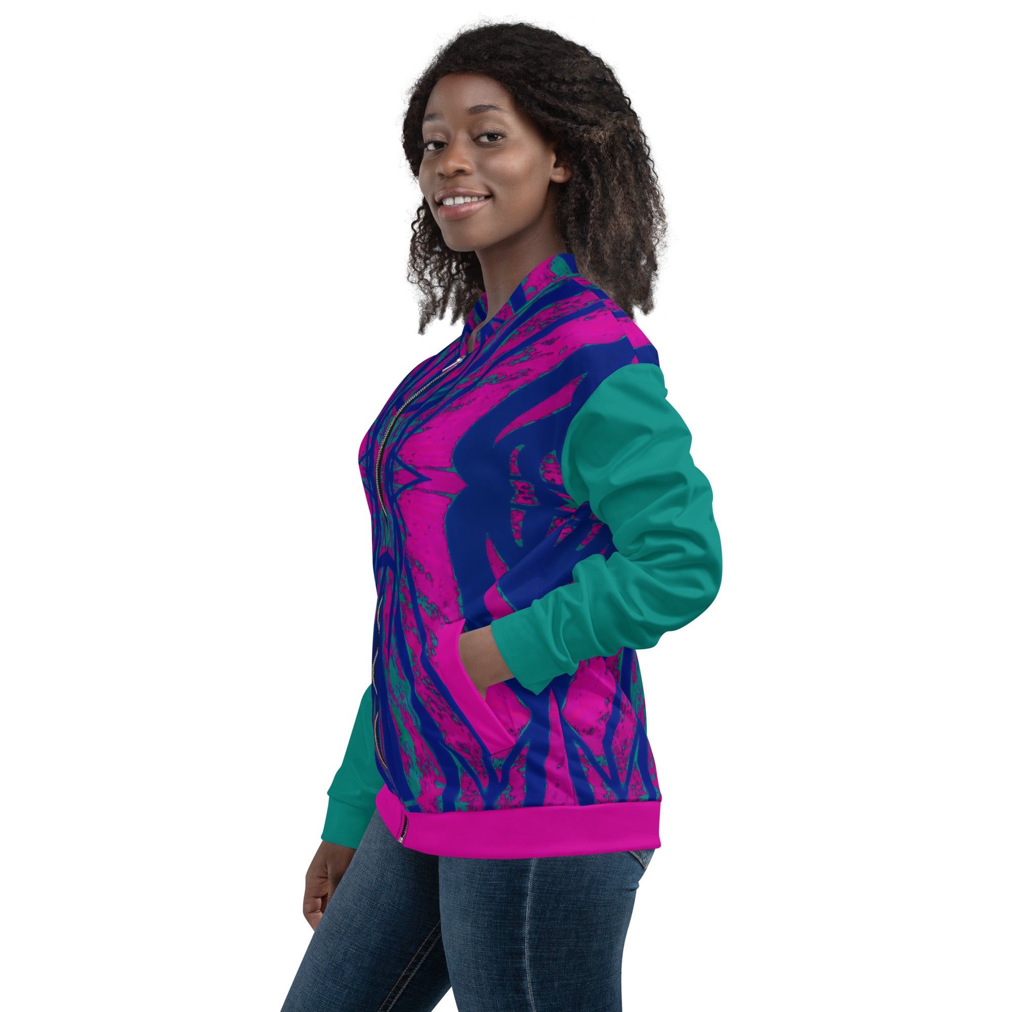 Shadows Blue On Magenta Unisex Bomber Jacket Triboca Arts   