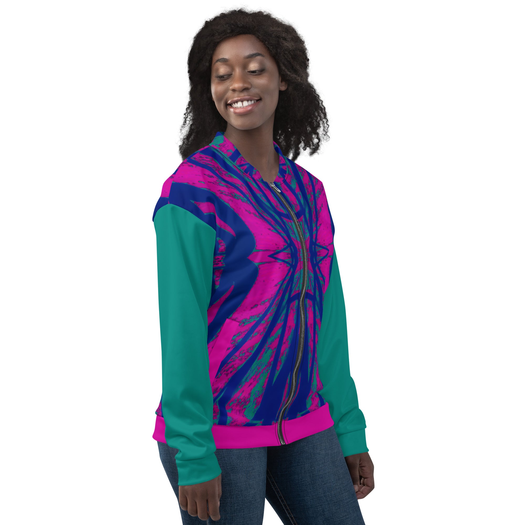Shadows Blue On Magenta Unisex Bomber Jacket Triboca Arts   